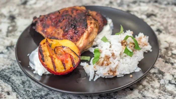 Gingery Balsamic Grilled Chicken Thighs with Grilled Peaches