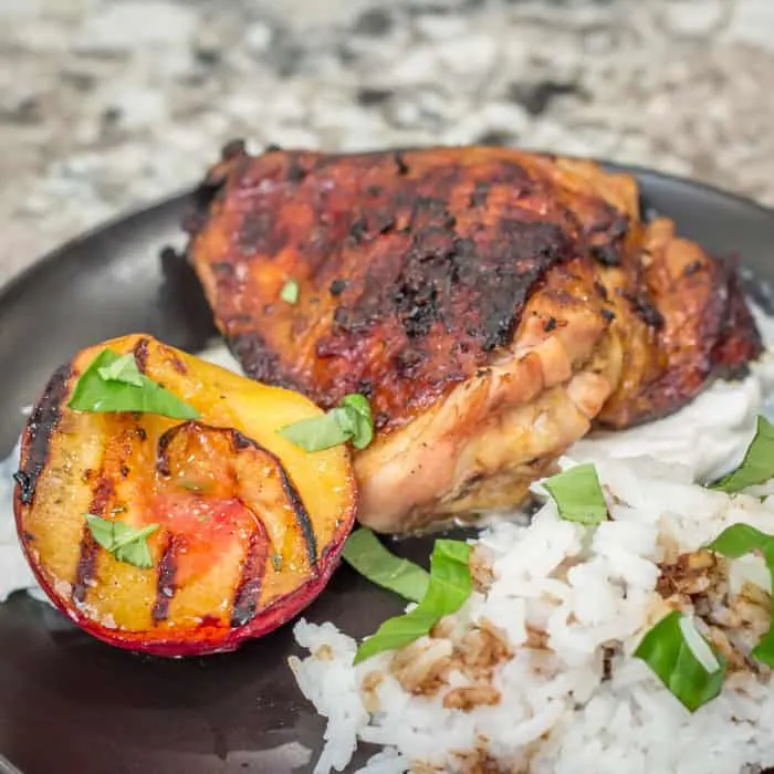 Gingery Balsamic Grilled Chicken Thighs with Grilled Peaches