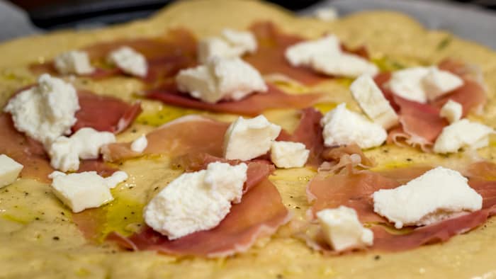 Peach, Ricotta and Prosciutto Pizza with Rosemary Balsamic Reduction