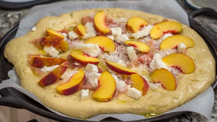 Peach, Ricotta and Prosciutto Pizza with Rosemary Balsamic Reduction