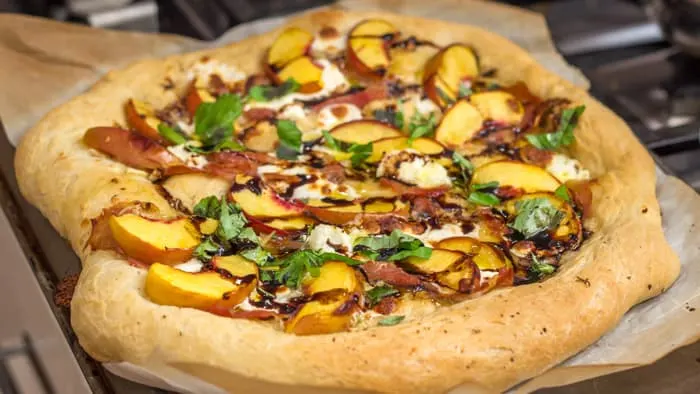 Peach, Ricotta and Prosciutto Pizza with Rosemary Balsamic Reduction
