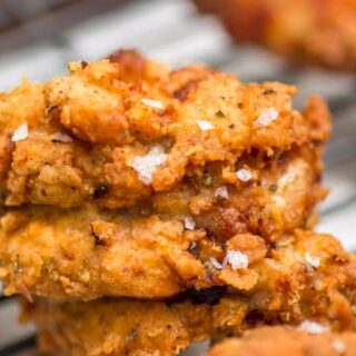 Homemade extra crispy fried chicken, flecked with flakes of Maldon Sea Salt flakes