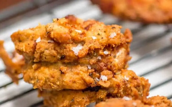 Homemade extra crispy fried chicken, flecked with flakes of Maldon Sea Salt flakes