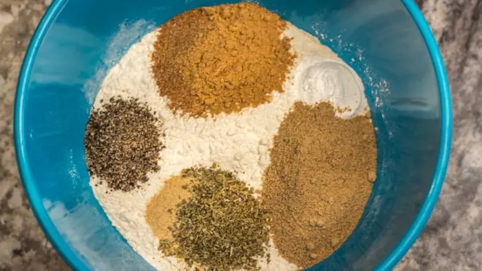 All my spices and the baking powder are ready to be mixed into the flour.