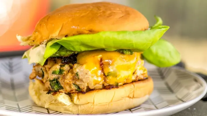 The plated juicy smashed turkey burger.