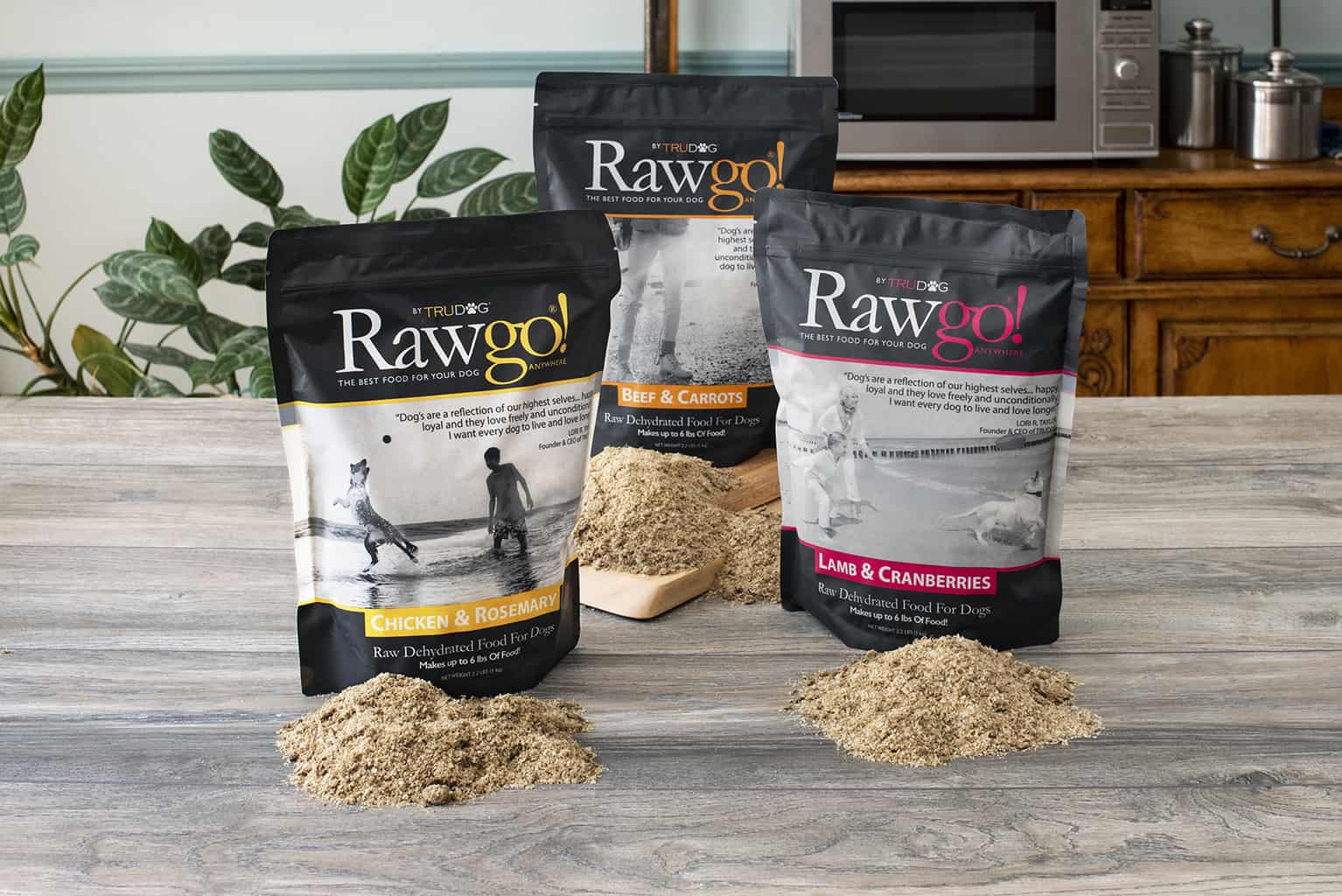 The flavors of Rawgo are beef & carrots, lamb & cranberries, and chicken and rosemary. These 2.2 lb bags make 6 pounds of food, each.