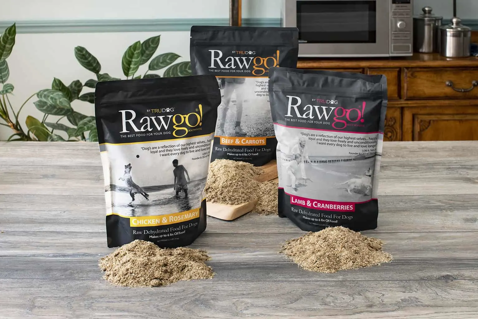 The flavors of Rawgo are beef & carrots, lamb & cranberries, and chicken and rosemary. These 2.2 lb bags make 6 pounds of food, each.