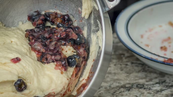 Squashed blueberries in batter.