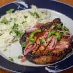Dinner is served: Jalapeño Cilantro Grilled Pork Chops, with Jalapeño Shallot Relish, and Cilantro Rice on the Side