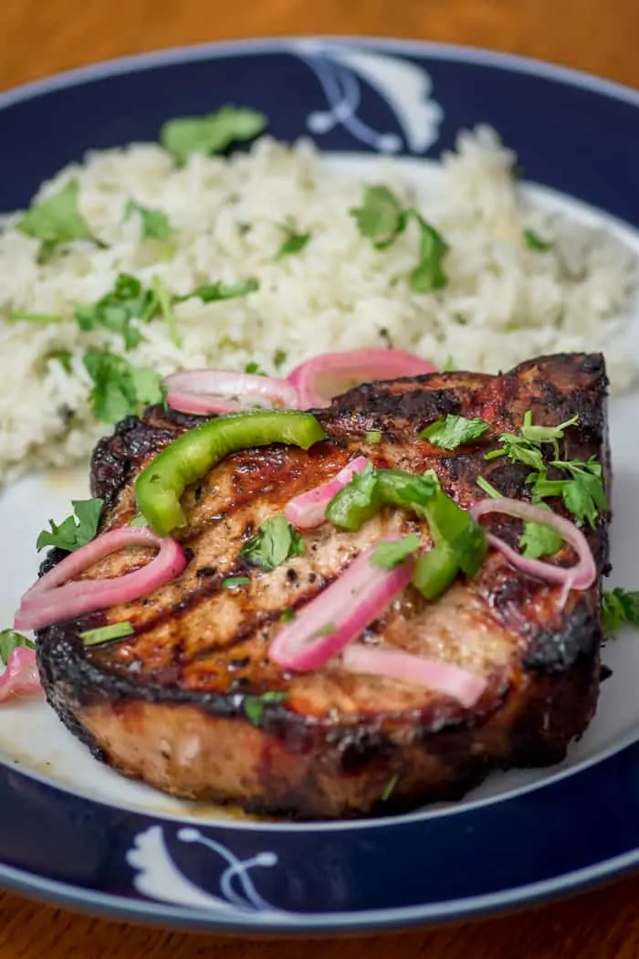 Dinner is served: Jalapeño Cilantro Grilled Pork Chops, with Jalapeño Shallot Relish, and Cilantro Rice on the Side