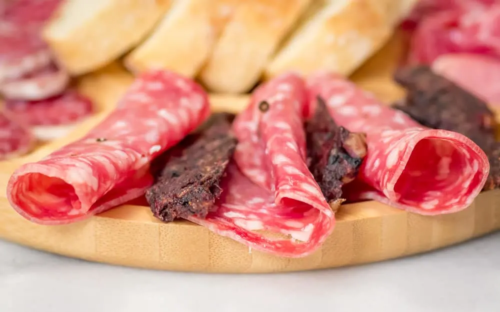 A closeup of the charcuterie tray.