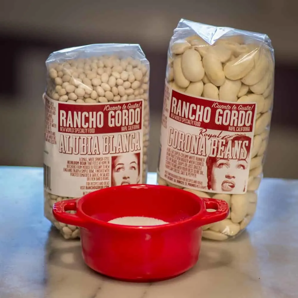 Two varieties of Rancho Gordo Beans that I happened to have in my pantry when I made this soup: Alubia Blanca and Royal Corona. I chose Corona. They are an extraordinarily large variety of white bean.
