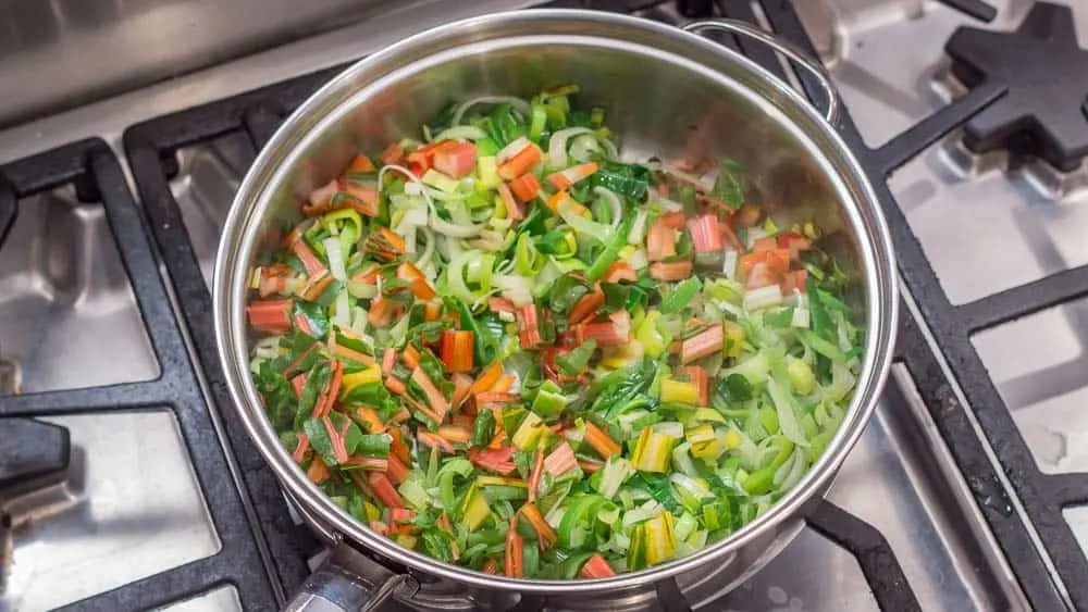 Sautéing the chard stems, with the leeks, which have already been sautéing for a while.