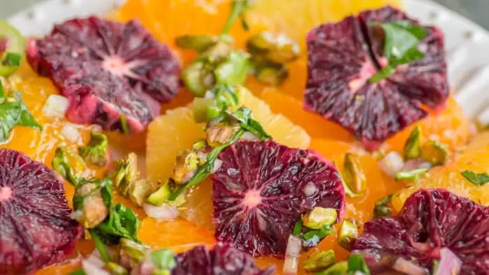 Close Up of Winter Citrus Salad with Pistachios and Castlevetrano Olives
