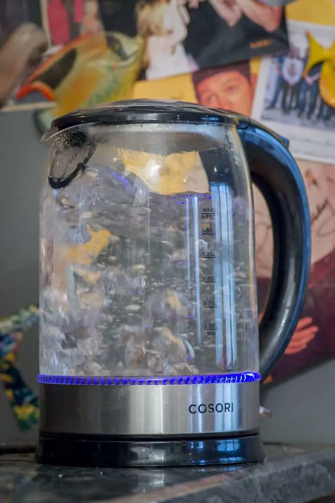 Boiling water in an electric tea kettle.