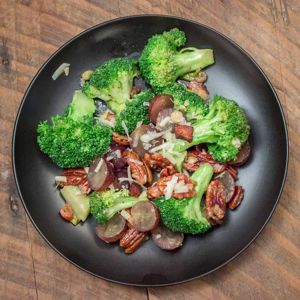 An overhead shot of a plate of Broccoli Salad.