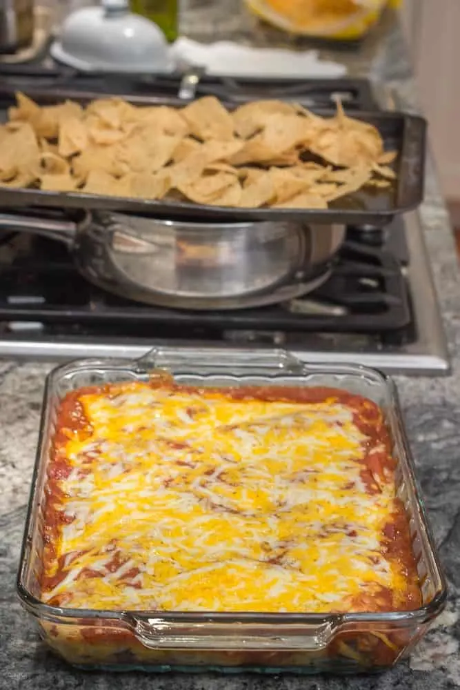 The pan of enchiladas, just out of the oven.