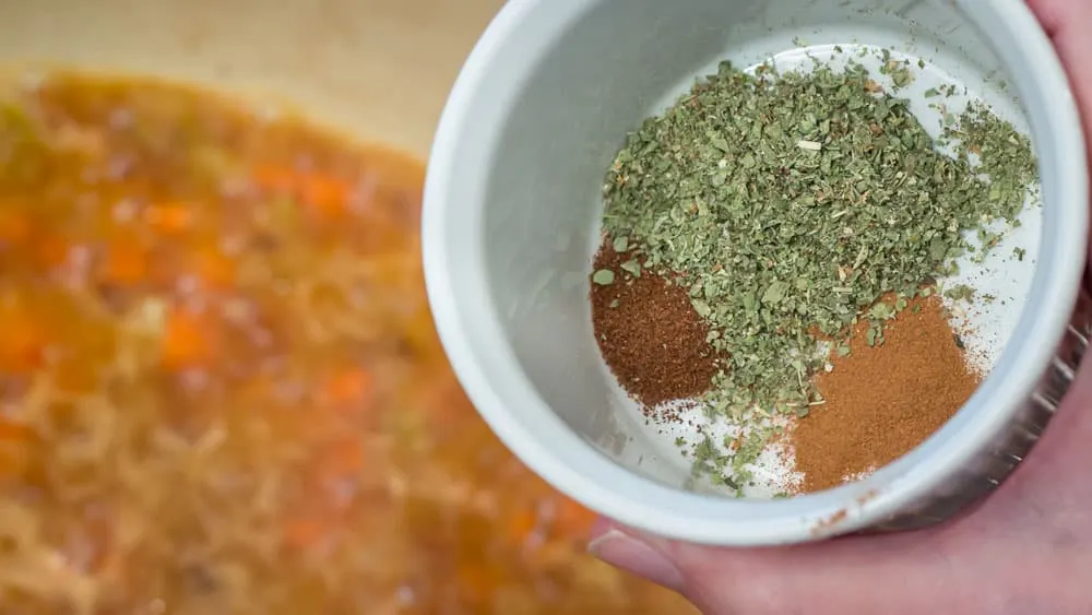 I put the cinnamon, cloves, and marjoram in this ramekin, and added them all in at the same time.
