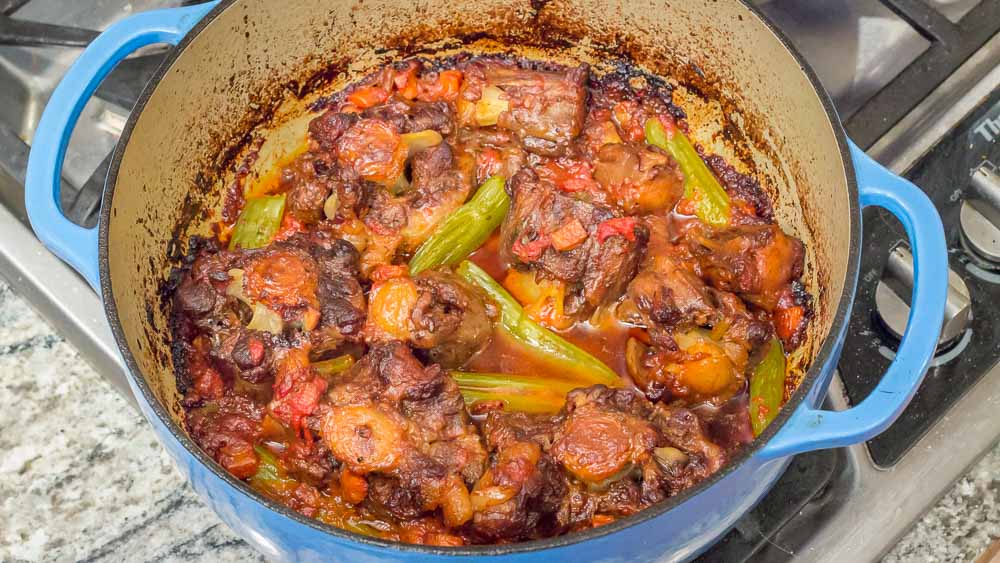 About 30 minutes before you take the stew out of the oven, you add the celery chunks to the pot. Cover and cook for that last 30 - 60 minutes. 