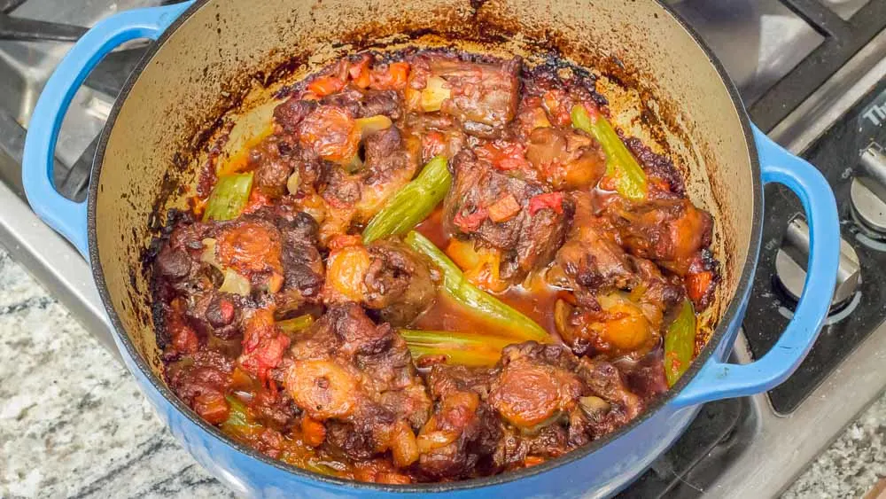 About 30 minutes before you take the stew out of the oven, you add the celery chunks to the pot. Cover and cook for that last 30 - 60 minutes. 