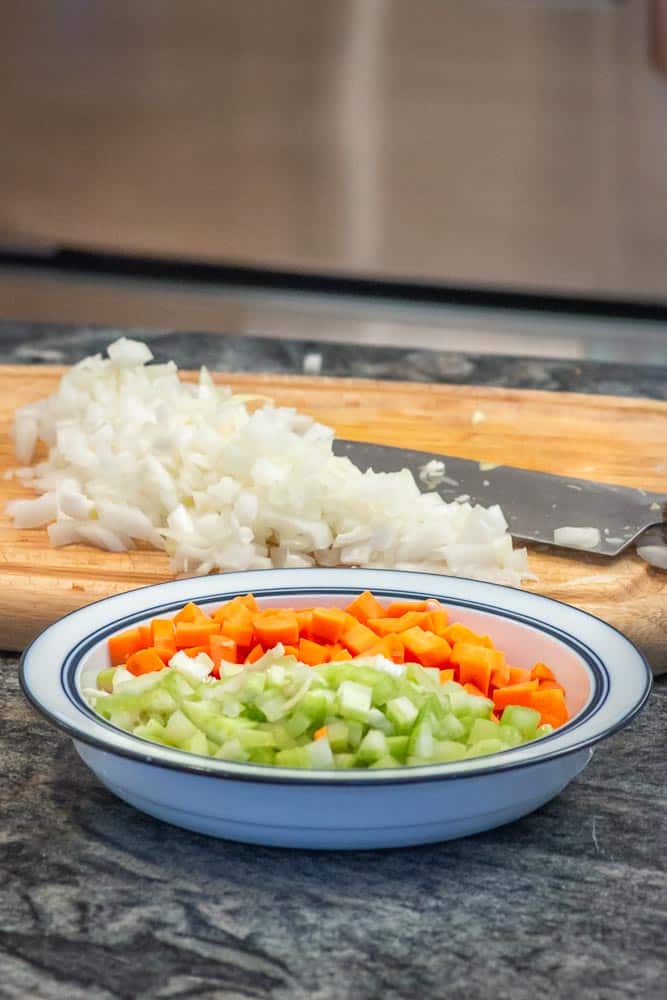 Celery Carrot and Onions, chopped and ready for the pot.