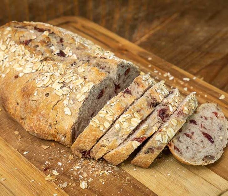 Cranberry Pecan Sourdough bread, sliced.