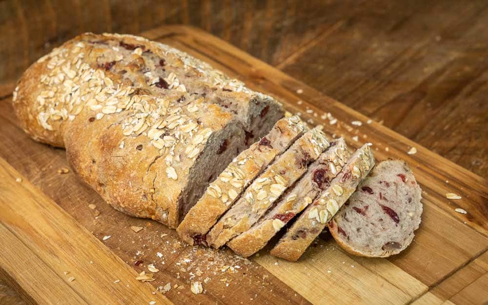 Cranberry Pecan Sourdough bread, sliced. 