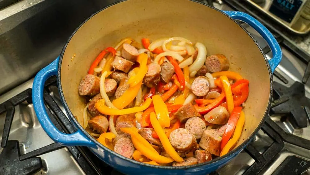 The sausages and the veggies together.