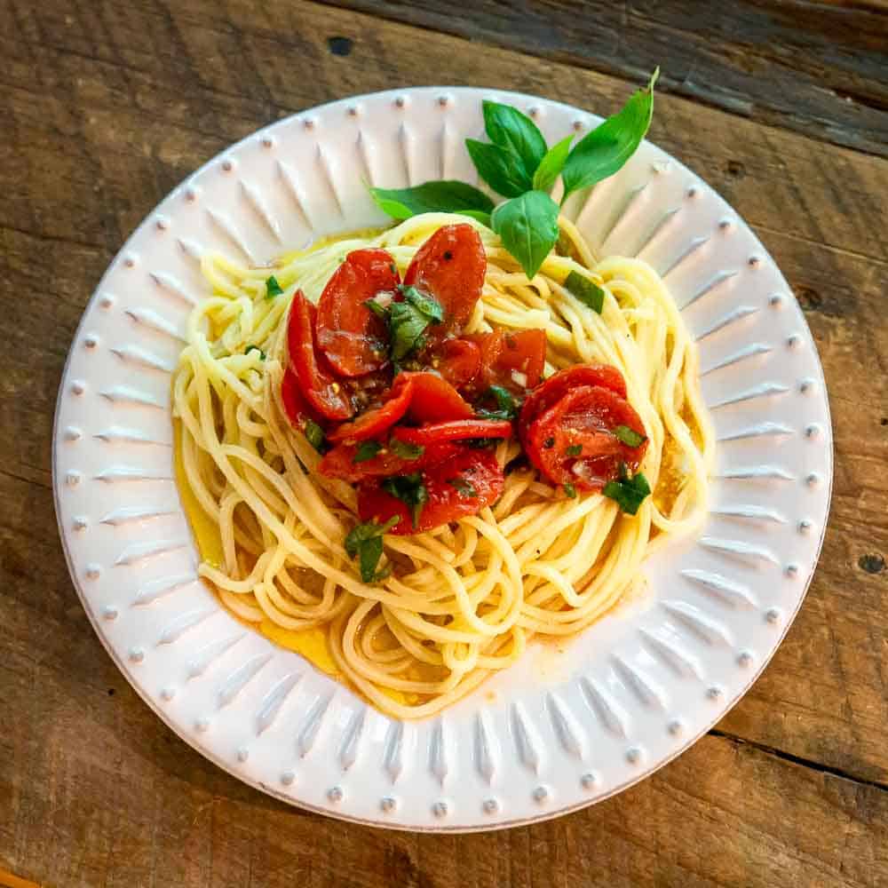 Tonnarelli pasta with Fresh Grape Tomato Sauce.