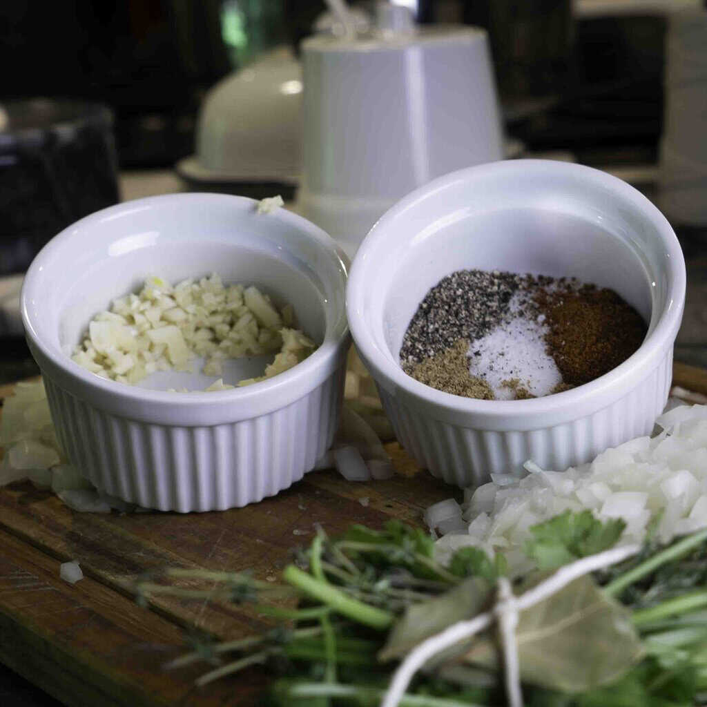 Spices for the beans, the minced garlic, and the bouquet garni of cilantro.